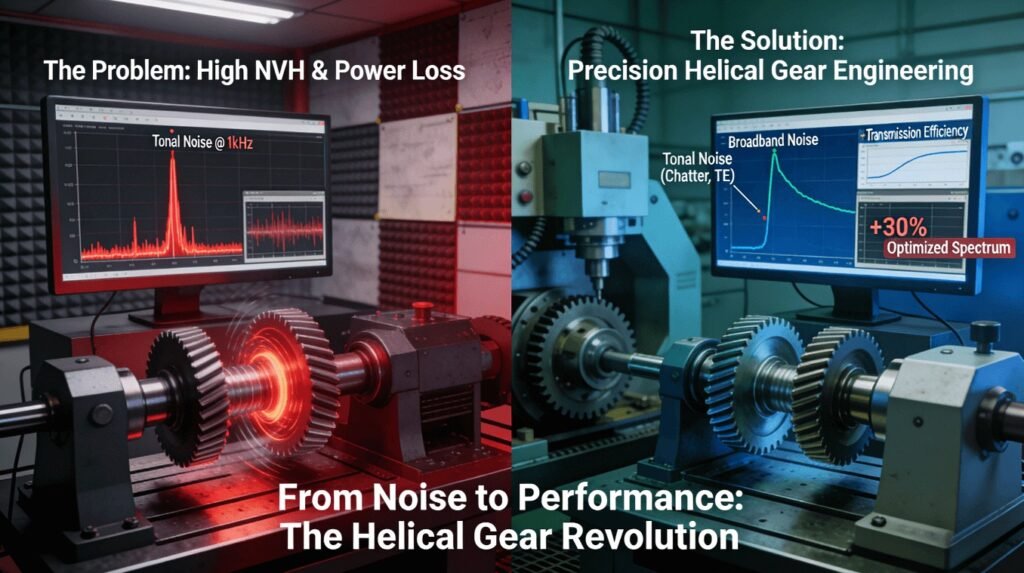 A split-view comparison: left side shows a gear test rig with high tonal noise and vibration spectra, representing NVH problems; right side shows an optimized helical gear pair with a smooth, low-amplitude noise spectrum and a +30% transmission efficiency indicator, set against precision manufacturing equipment.