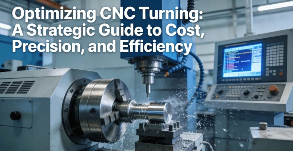 Modern CNC turning center in operation, machining a metal part, representing the themes of cost, precision, and efficiency optimization.