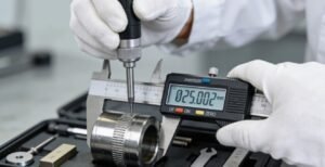 Quality inspector using a digital micrometer to perform precise tolerance measurement on a CNC turned metal part.
