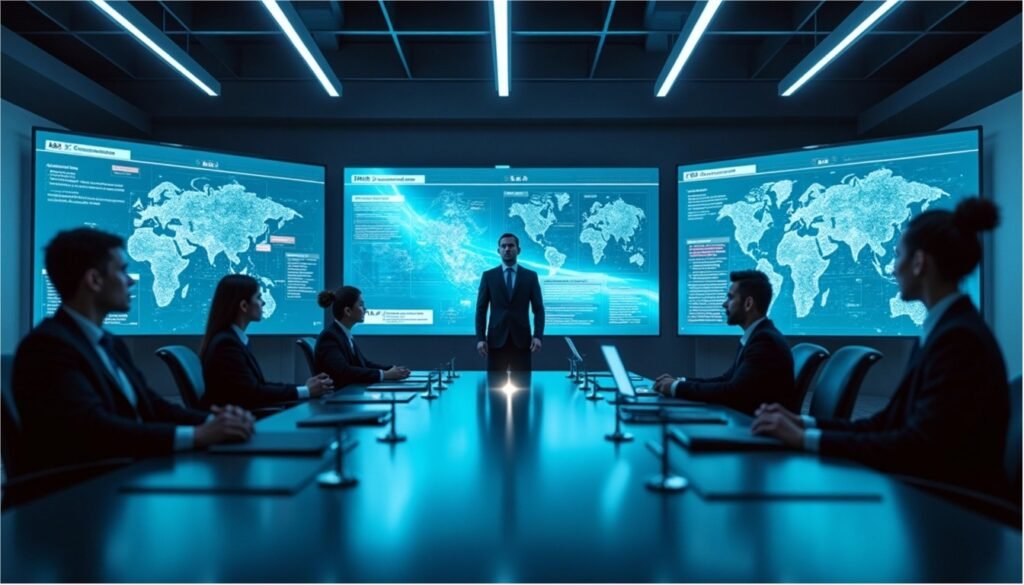 Operational AI vs Experimental AI-What Businesses Actually Need in 2026 Corporate team discussing Operational AI vs Experimental AI in a futuristic boardroom with scalable AI systems and enterprise automation dashboards.