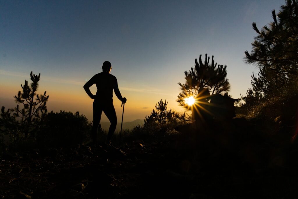 Silhouette of a hiker with a trekking pole looking at a mountain sunset with a sunburst through pine trees.